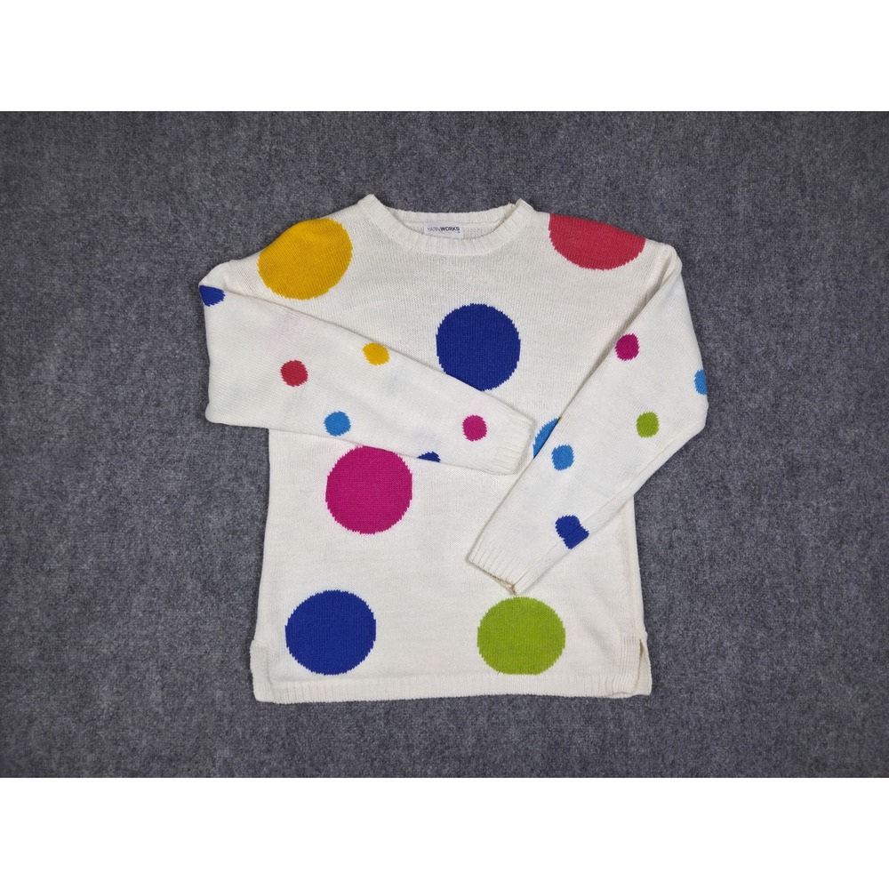 Yarn Works Polka Dot Sweater Womens Medium White Multi Color Knit Crewneck Slits